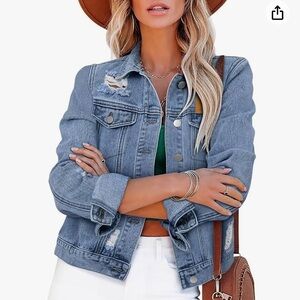 ZOLUCKY Womens Denim Jacket Distressed Frayed Ripped Jean Jacket Casual Sz:L